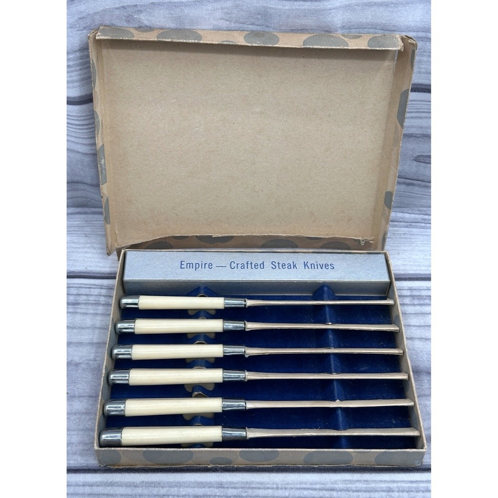 SET OF 6 VINTAGE EMPIRE STEAK KNIVES‎ WITH CELLULOID HANDLES - IN ORIGINAL BOX